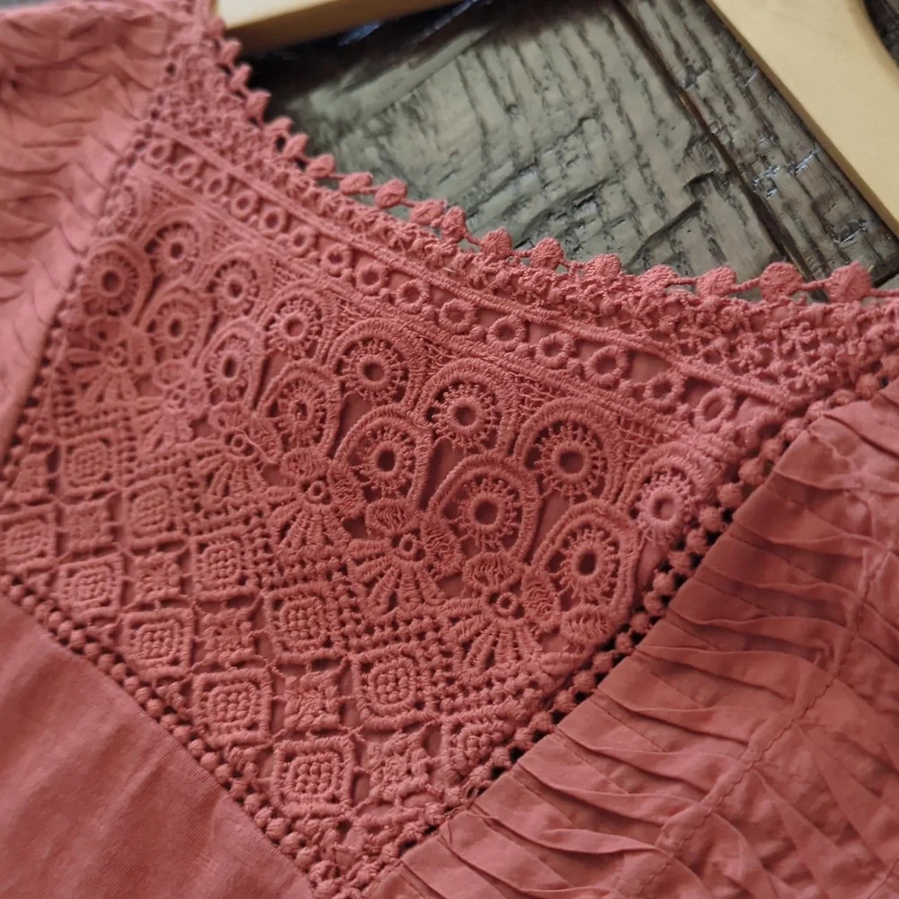 ANTHRO I Terra Cotta Nosara Crochet Lace Peplum Shirt Top by Meadow Rue, S